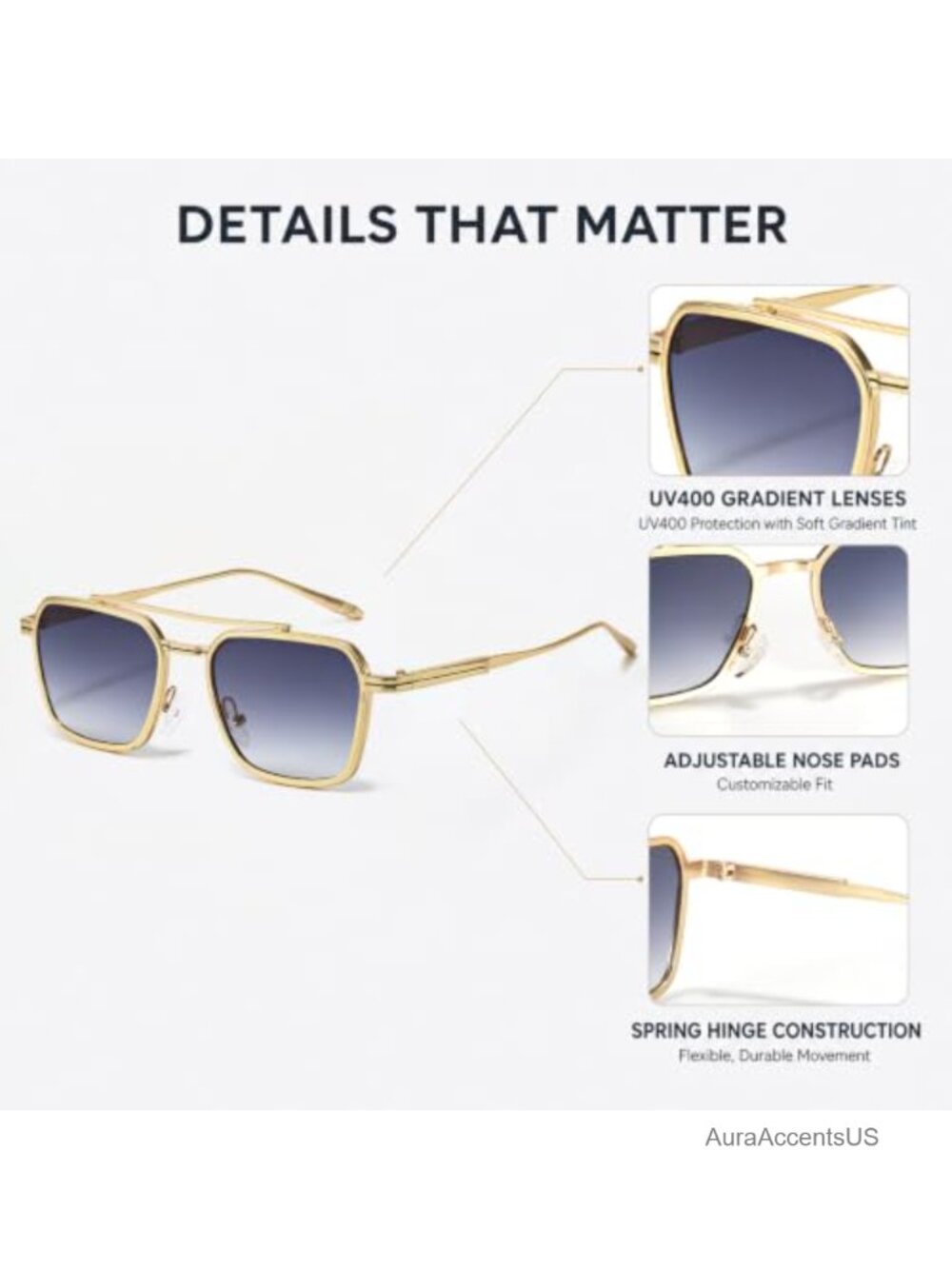 Retro Square Aviator Sunglasses Oversized Gold Metal Frame - Picture 3 of 6